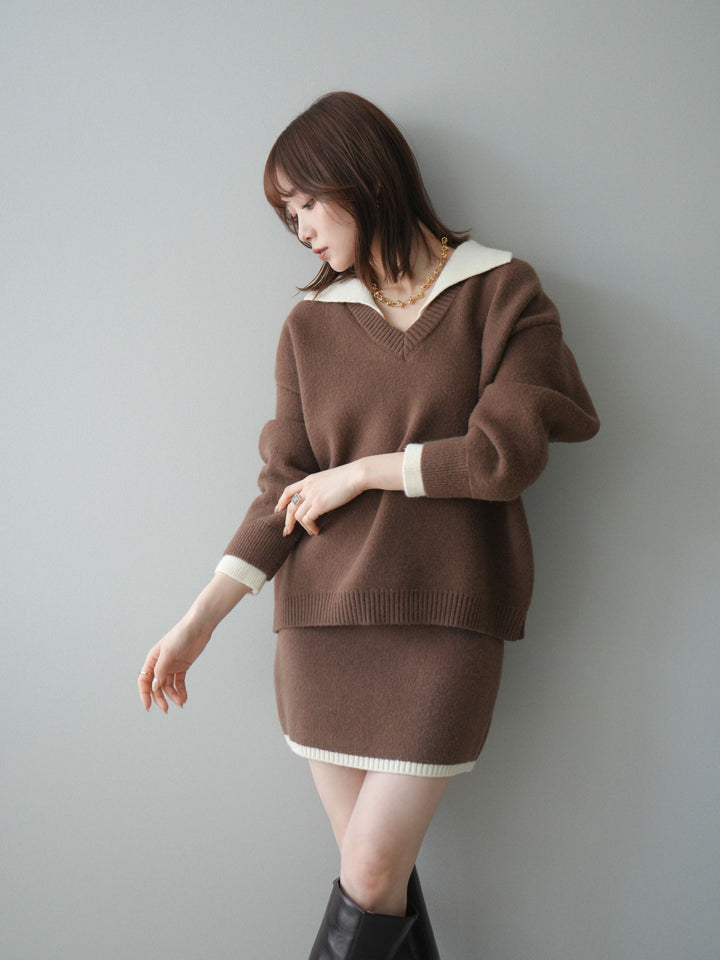 [SET]配色襟ニット＆ミニスカートSET UP+配色襟ニット＆ミニスカートSET UP(2set)