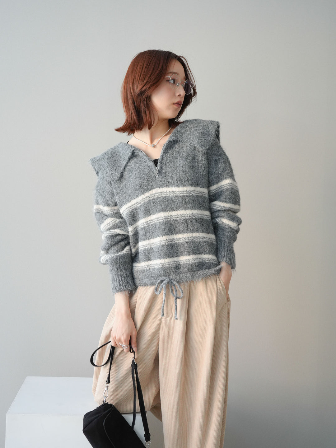 [予約]ハーフジップボーダーニットプルオーバー/gray