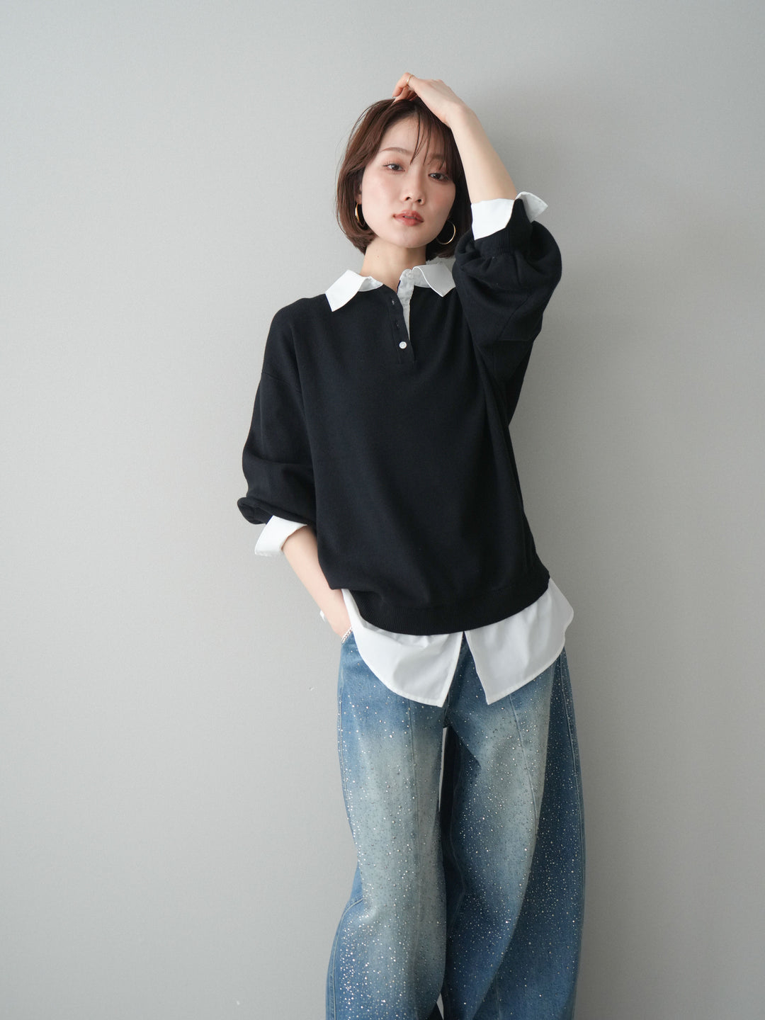 [予約]シャツドッキングオーバーニットプルオーバー/blackoff