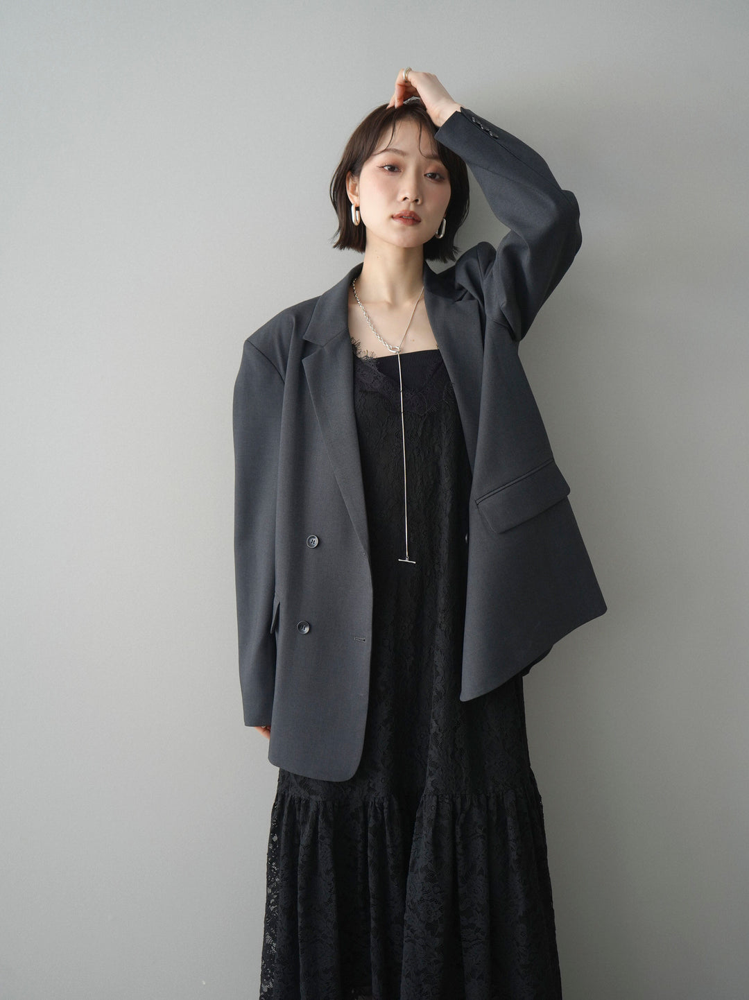 [SET]ギャザー切替レースキャミワンピース+ダブルブレストオーバージャケット(2set)