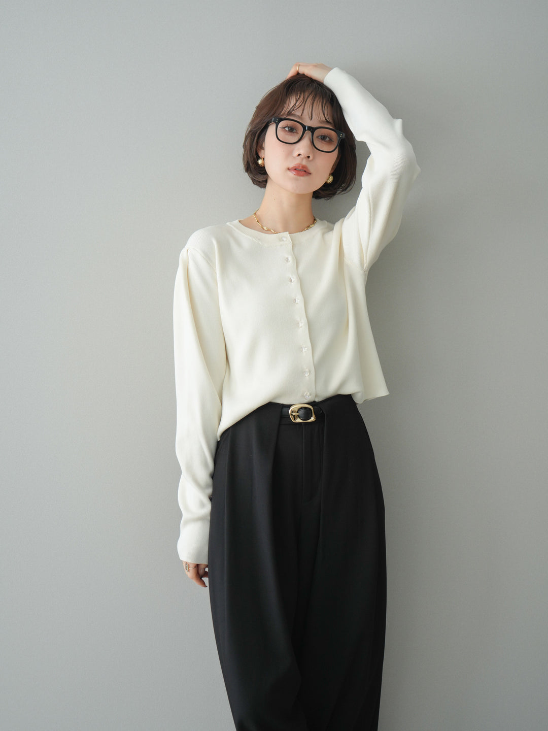 [SET]クリアボタンタックニットカーディガン+ベルトループデザインワイドパンツ(2set)