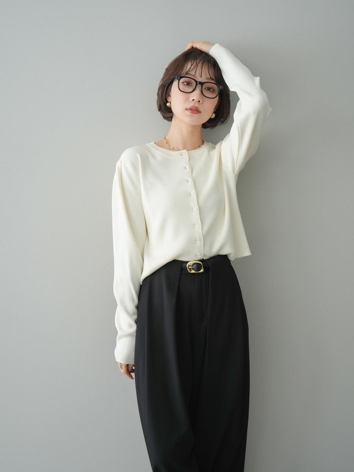 [SET]クリアボタンタックニットカーディガン+ベルトループデザインワイドパンツ(2set)