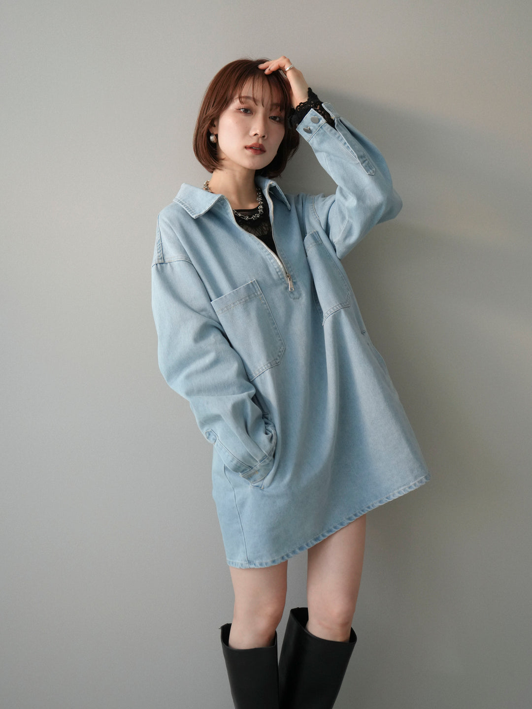 [予約]ハーフジップデニムミニワンピース/blue