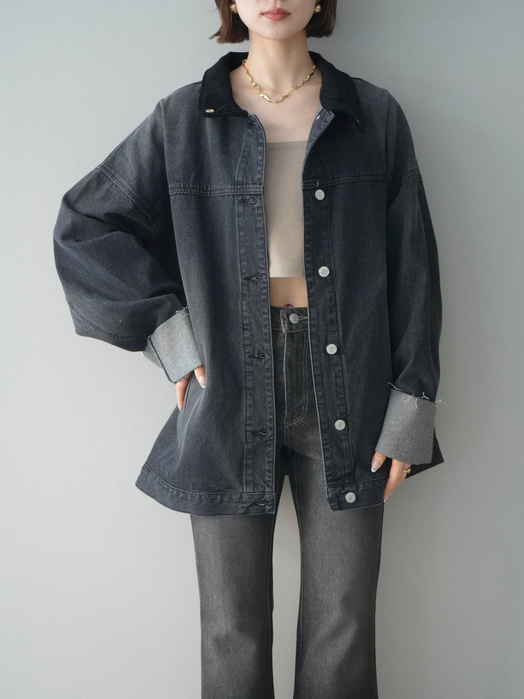 [予約]コーデュロイ×デニムミドルジャケット/gray