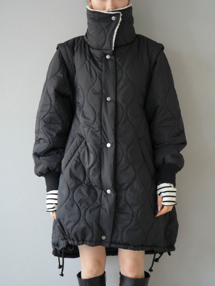 [Pre-order] 2-way quilted mid-length coat with fleece collar/Black