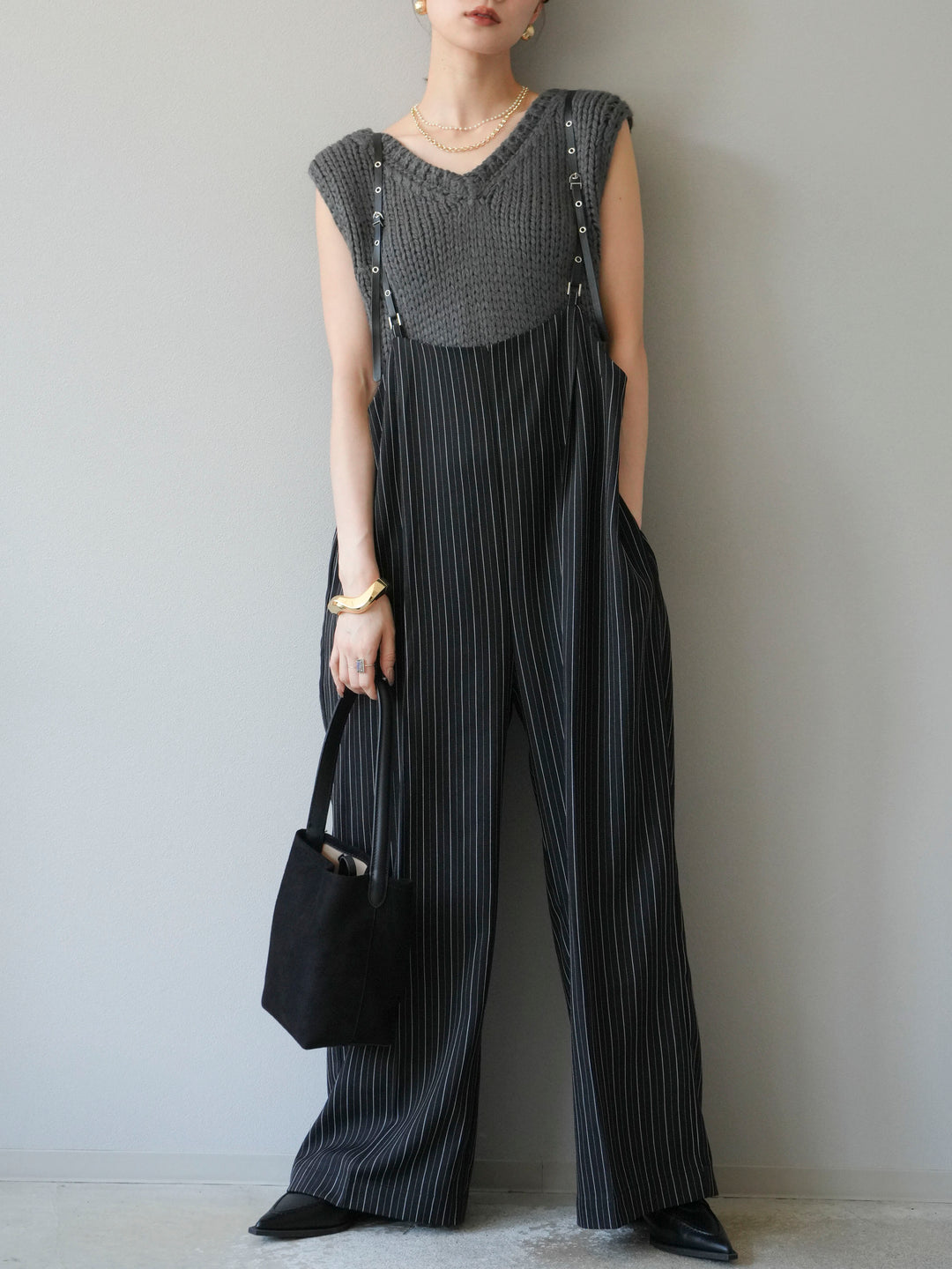 [予約]ヘリンボーンストライプサロペット/ブラック