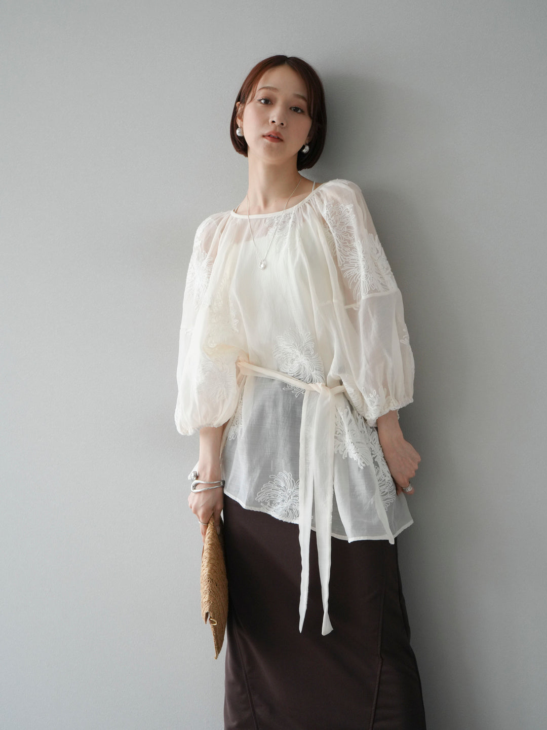 [SET]刺繍シアーバルーンスリーブブラウス+スウェットロングスカート(2set)