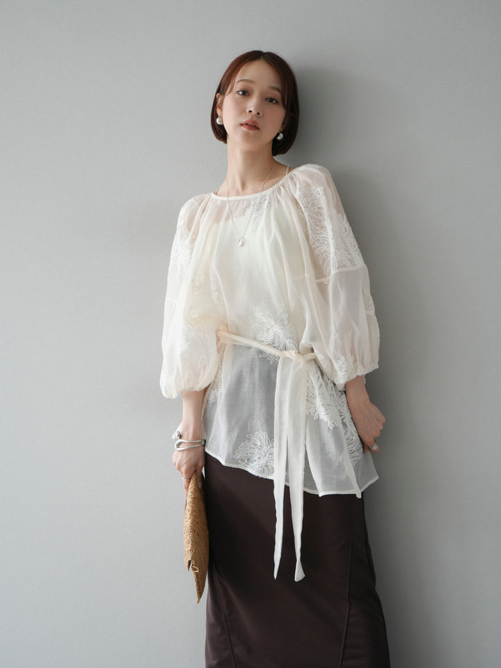 [SET]刺繍シアーバルーンスリーブブラウス+スウェットロングスカート(2set)