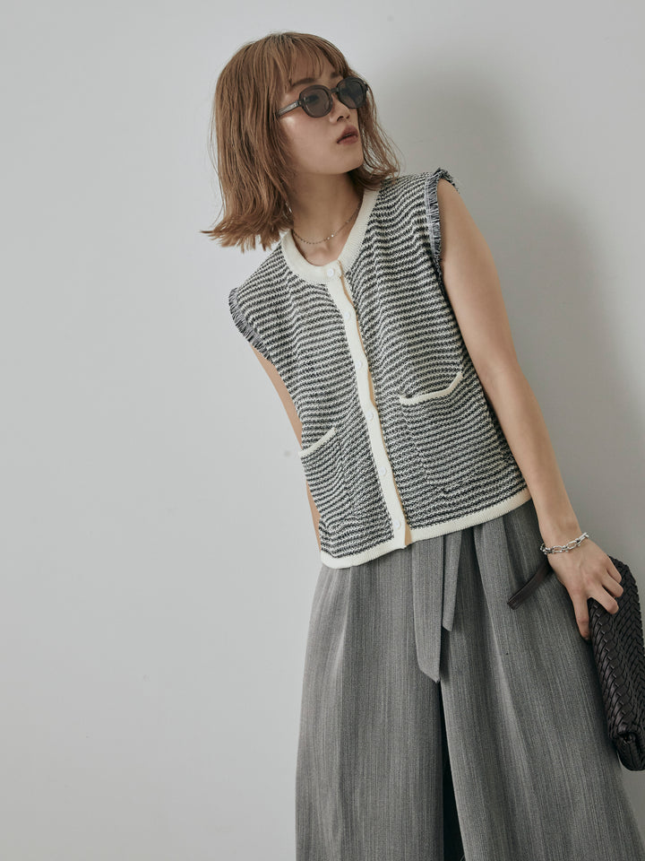 [予約]ボーダー袖フリンジニットベスト/オフ