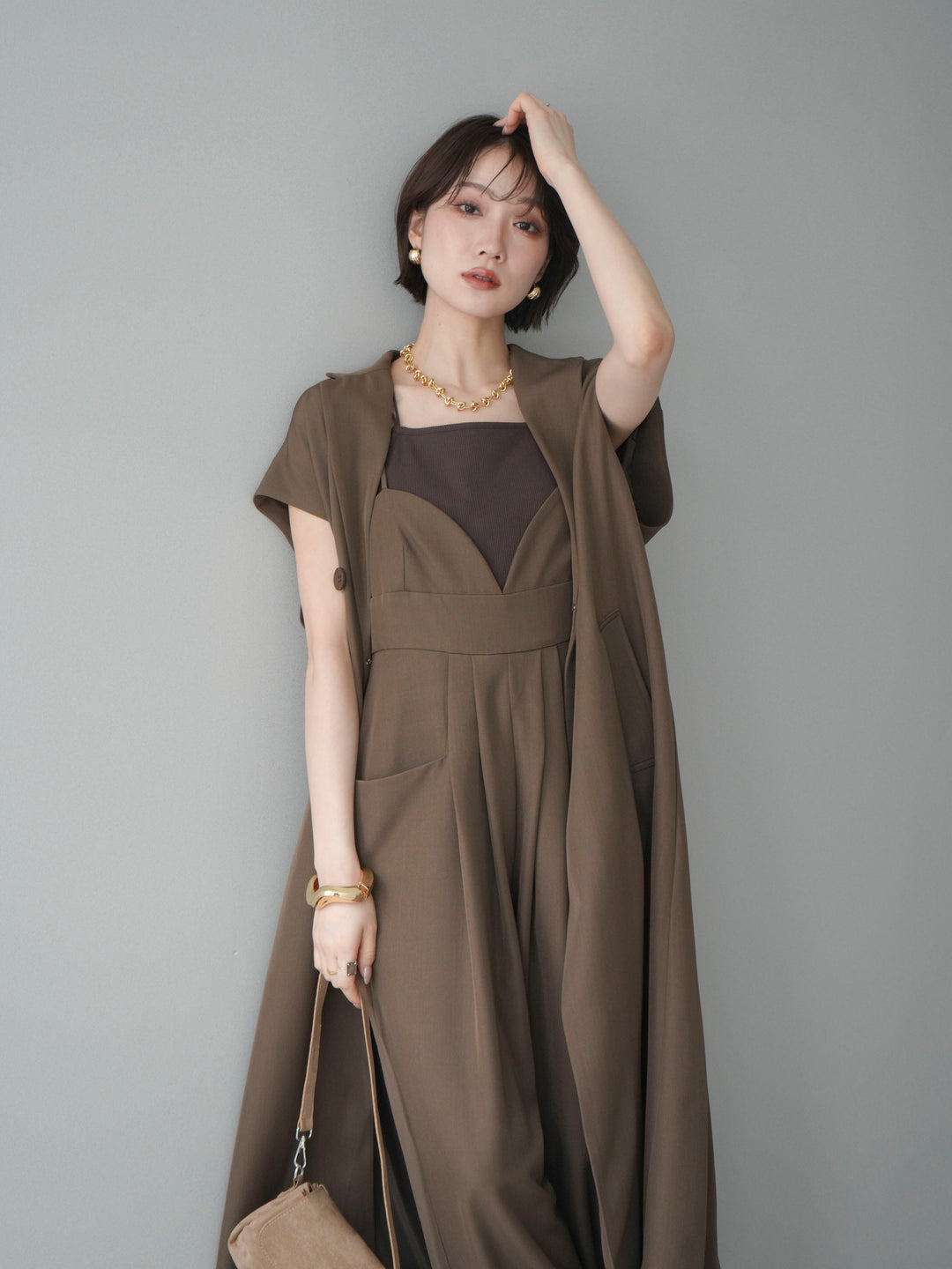 [予約]フレンチスリーブロングジレ/brown