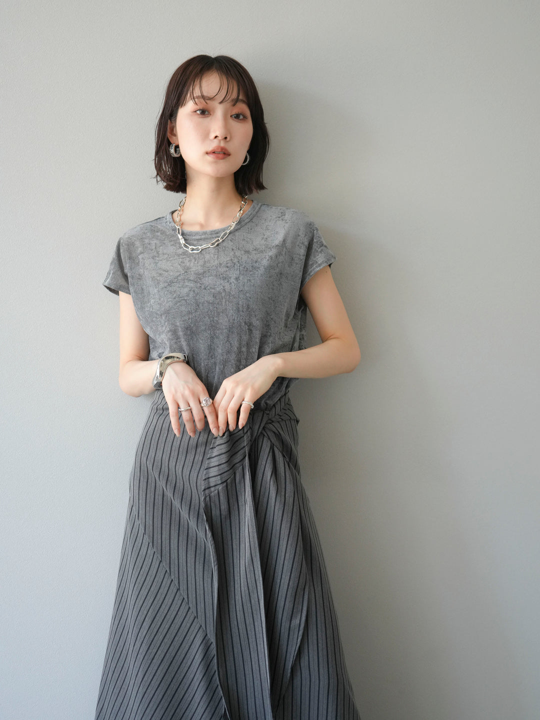 [SET]シアーベロアプルオーバー+サイド巻きツイルスカート(2set)