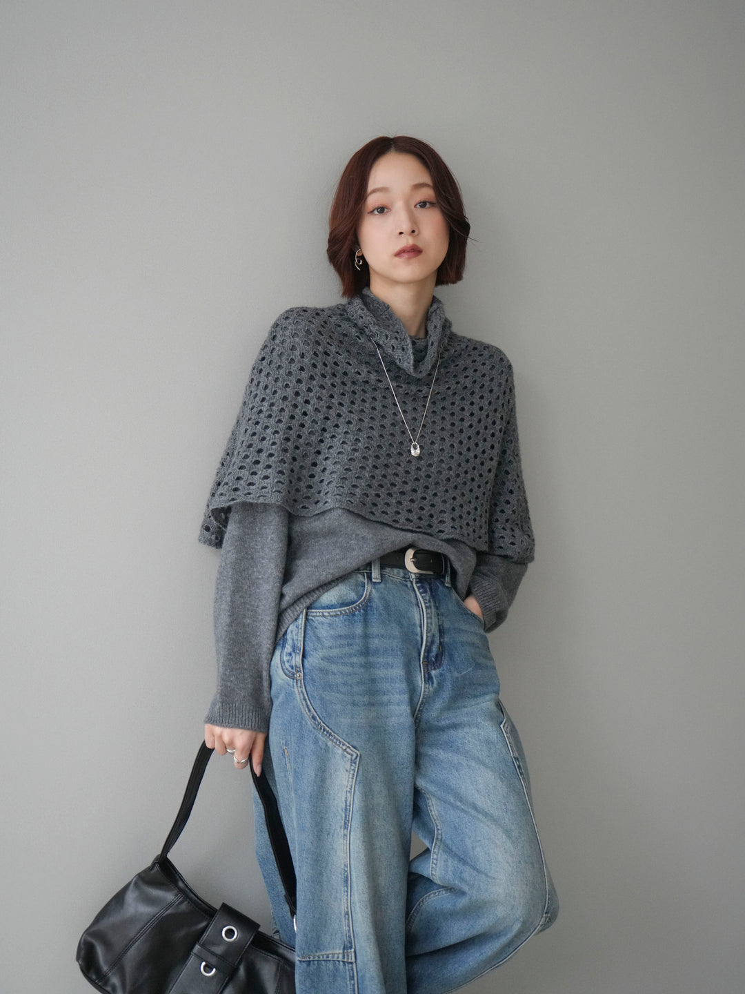 [予約]メッシュケープアンサンブルニットプルオーバー/darkgray