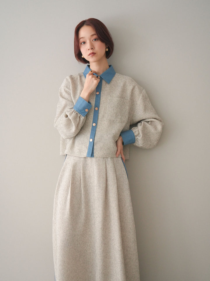 [SET]異素材サマーツイードシャツ+異素材サマーツイードタックフレアスカート(2set)