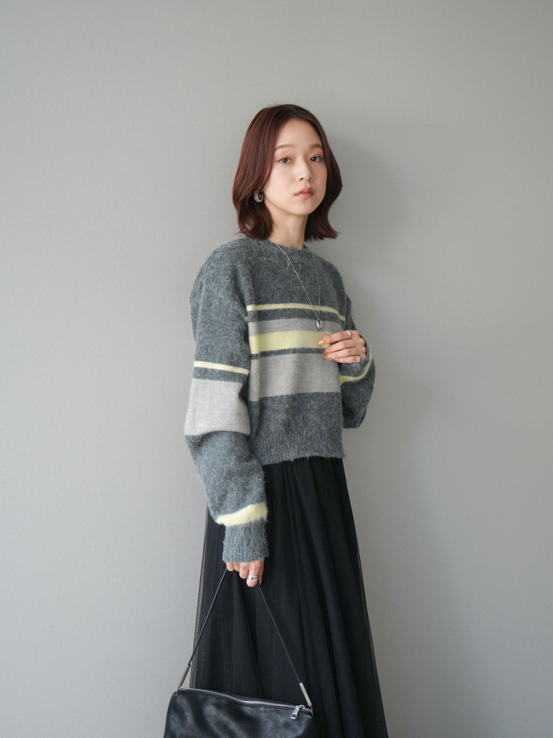 [SET]ソフトタッチボーダークロップドニットプルオーバー+チュールボリュームスカート(2set)