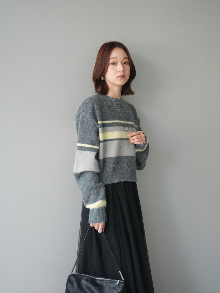 [SET]ソフトタッチボーダークロップドニットプルオーバー+チュールボリュームスカート(2set)