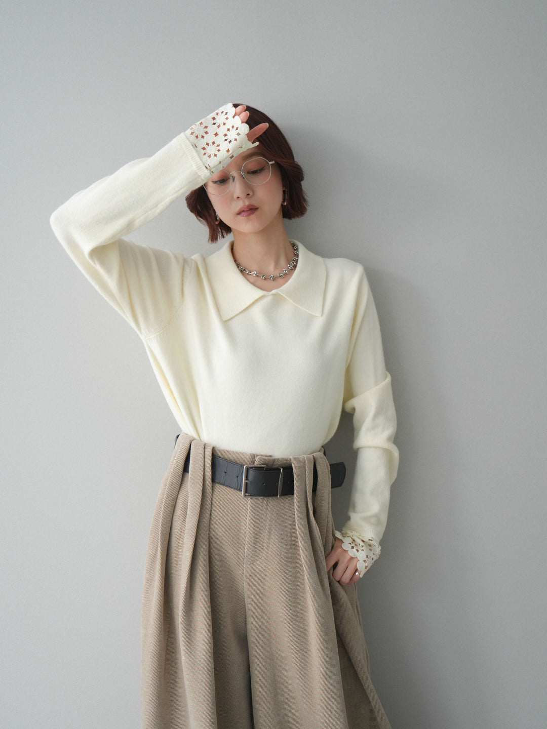 [SET]スカラップレース袖襟付きニットトップス+選べるアクセセット(2set)