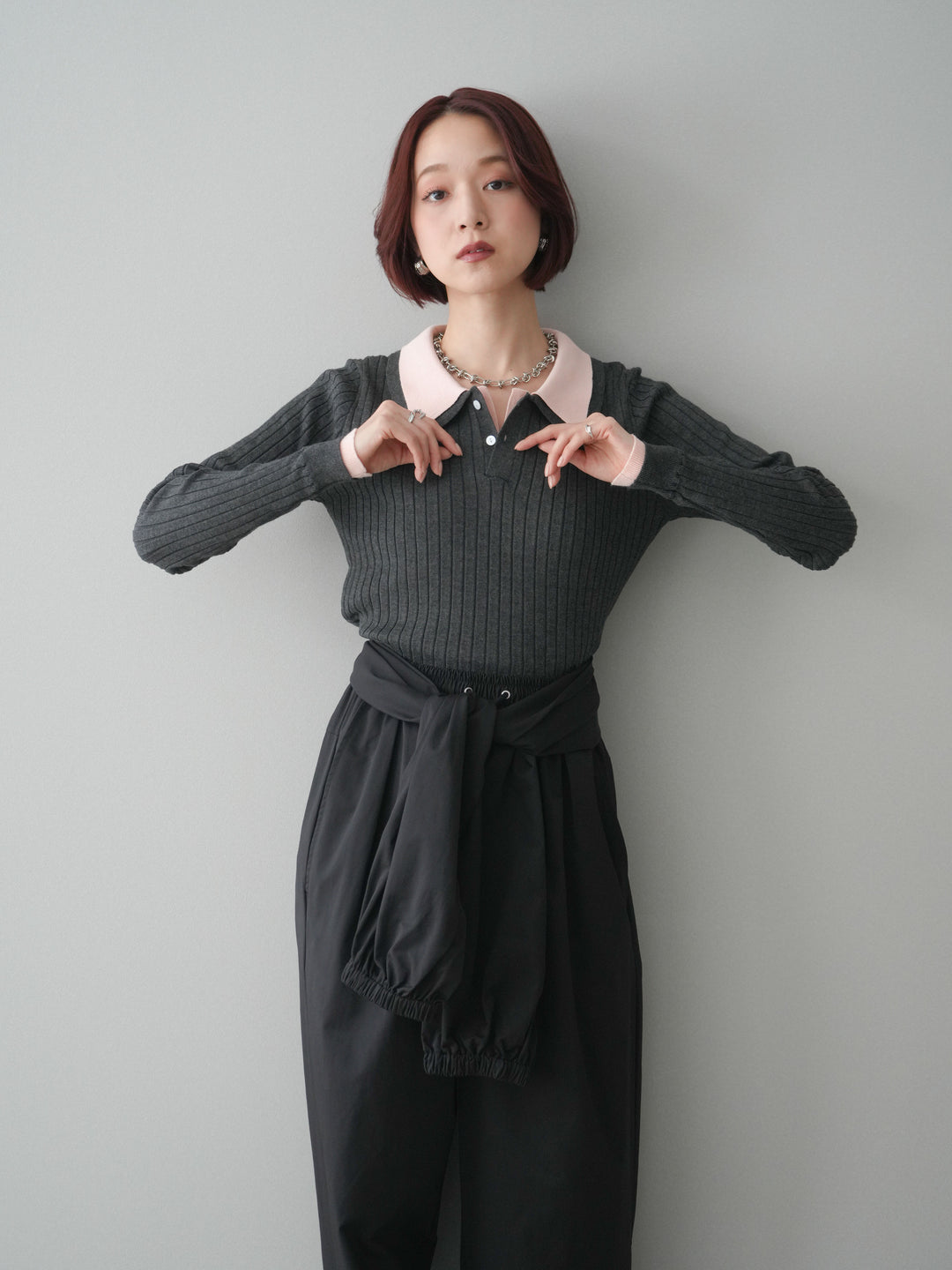 [SET]ダブル襟ポロリブニットトップス+選べるアクセセット(2set)