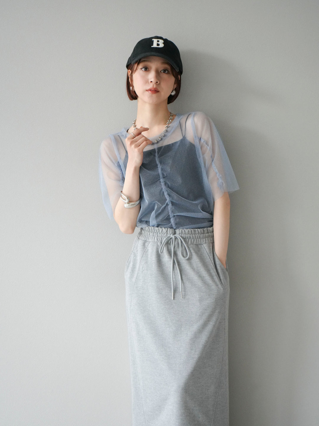 [SET]ラメチュールシャーリングプルオーバー+ダブルストラップカットリブブラキャミソール(2set)