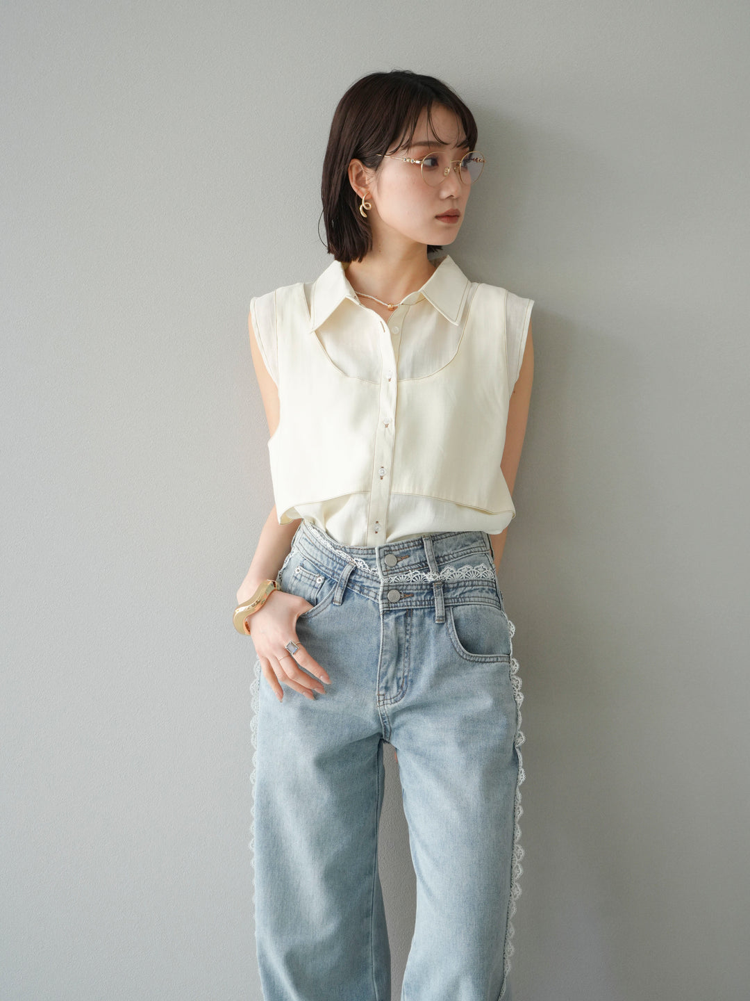 [SET]ステッチシアーレイヤードデザインブラウス+ラインレースデニムパンツ(2set)