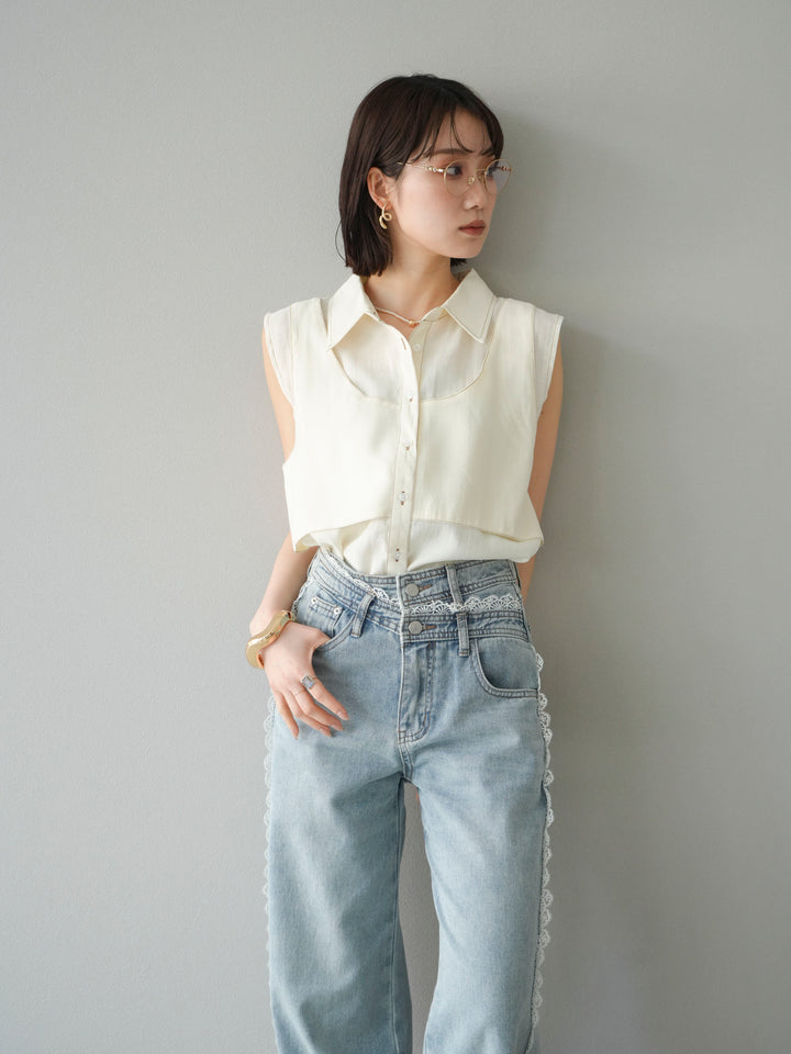 [SET]ステッチシアーレイヤードデザインブラウス+ラインレースデニムパンツ(2set)