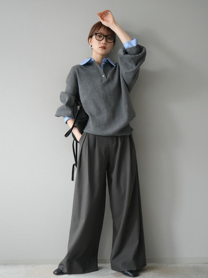 【SET】翻領polo針織套衫+雙褶闊腿褲（2件組）