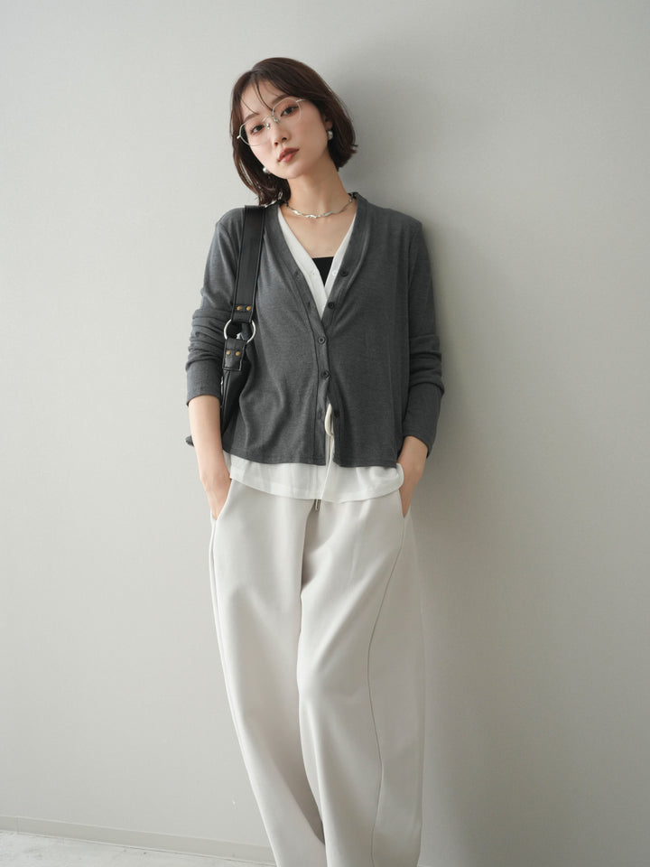 [予約]配色レイヤードカットリブカーディガン/gray