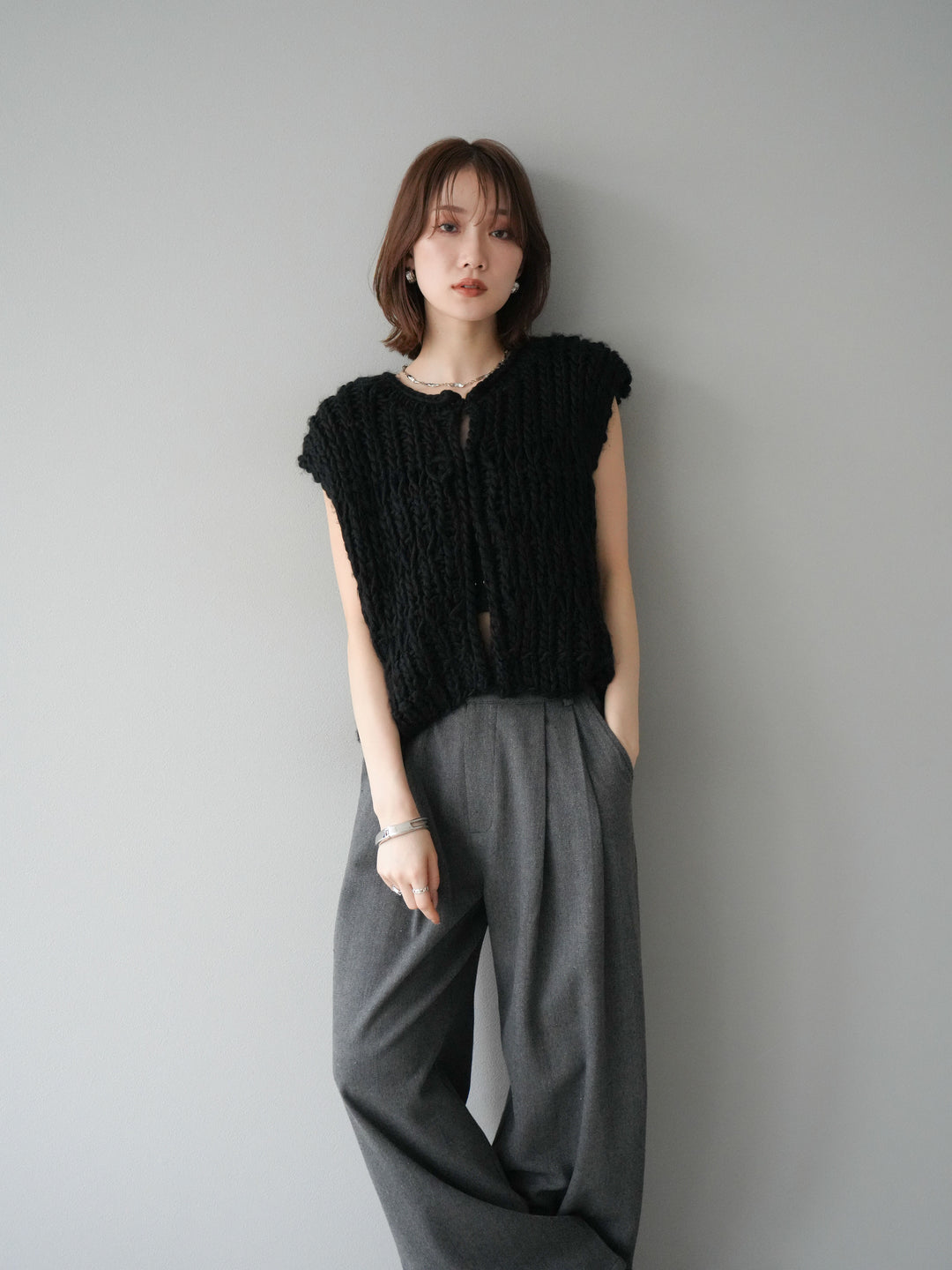 [SET] 手編繩結背心+粗花呢觸感褶皺寬褲（2件組）