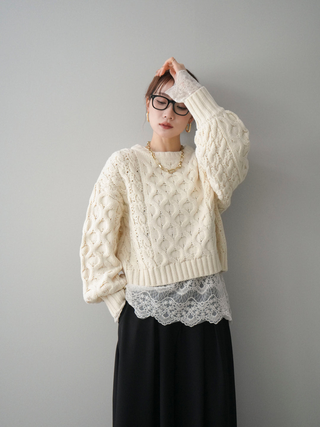 [予約]バルキーケーブルクロップドニットプルオーバー/ivory