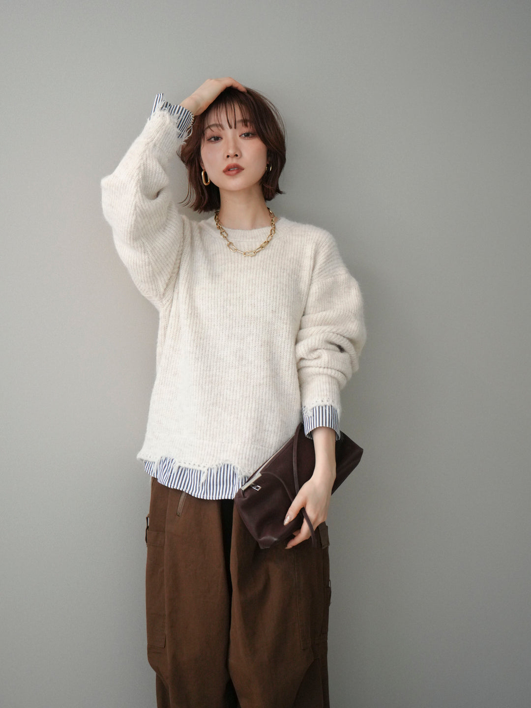 [SET]裾シャツレイヤードダメージニットプルオーバー+ストーンフォークリング(2set)