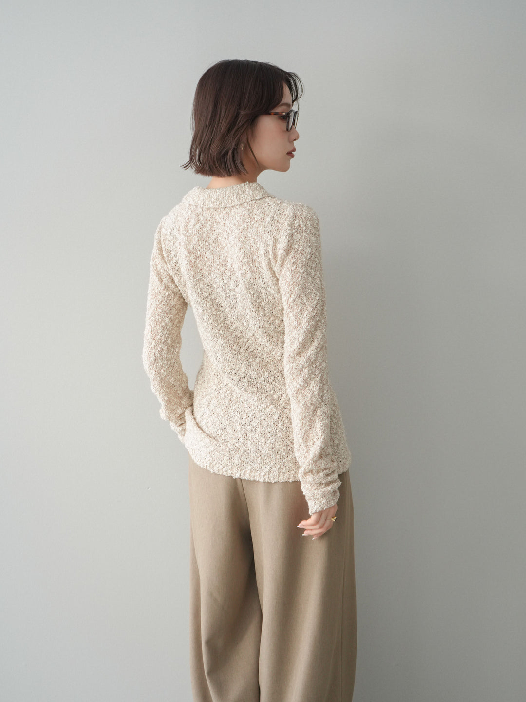 [予約]透かし編みブークレポロニットトップス/beige