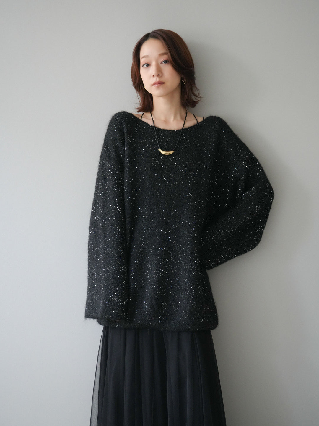 [予約]スパンコールミニシャギーニットチュニック/black