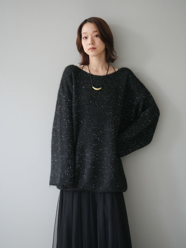 [予約]スパンコールミニシャギーニットチュニック/black