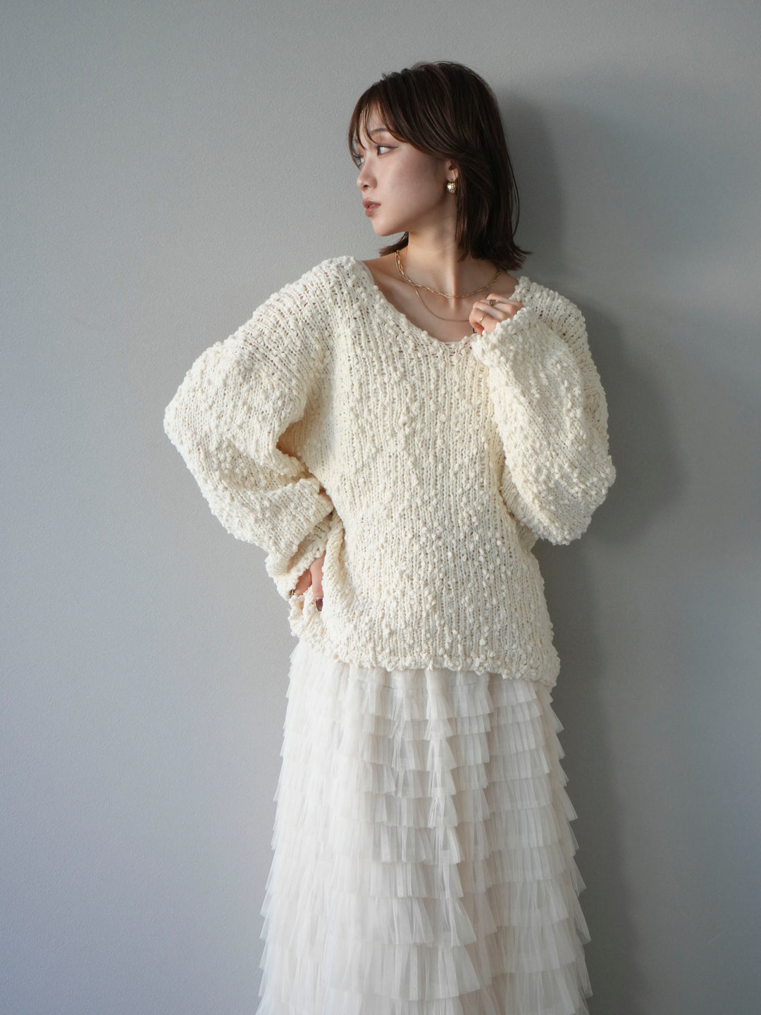 [予約]メランジポコポコニットプルオーバー/ivory