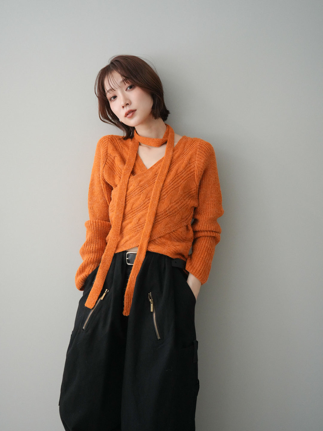 [予約]ケーブル編みクロスニットトップス/orange