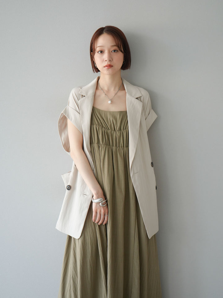 [SET]レーヨンシャーリングキャミワンピース+リネンライクノースリーブダブルジレ(2set)