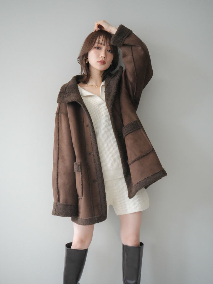 [SET]ポロニットプルオーバー＆ショートパンツSET UP+スタンドネックフェイクムートンミディアムコート(2set)