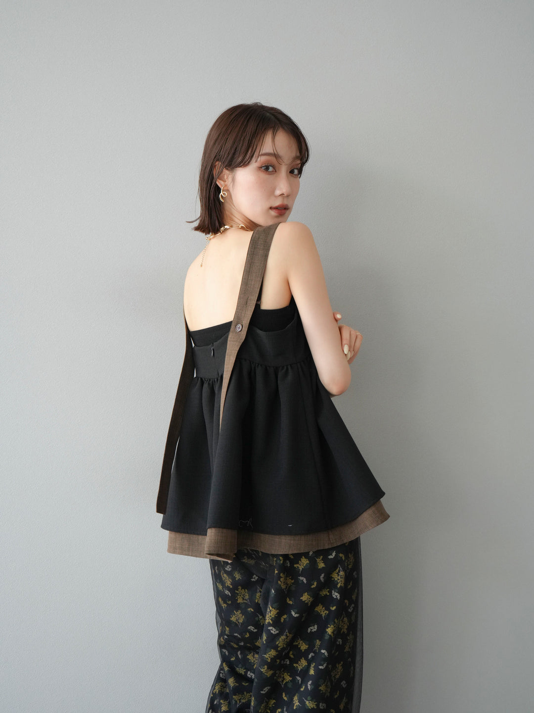 [予約]リネンライク配色フレアタンクトップ/ブラック