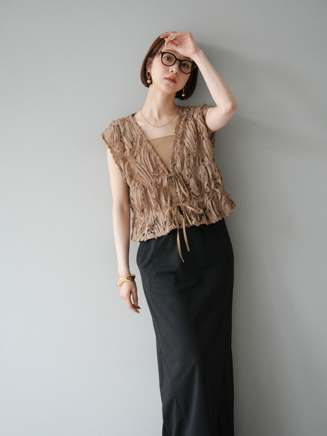 [SET]ジャガードレースリボントップス+スウェットロングスカート(2set)