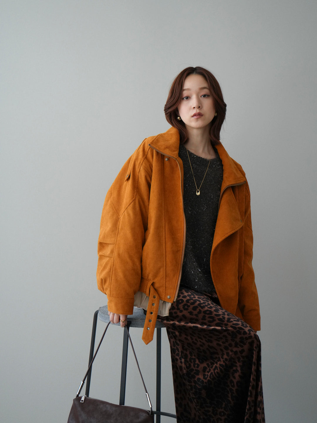 [SET]コーデュロイライダース裾レースブルゾン+レオパードベロアナロースカート(2set)