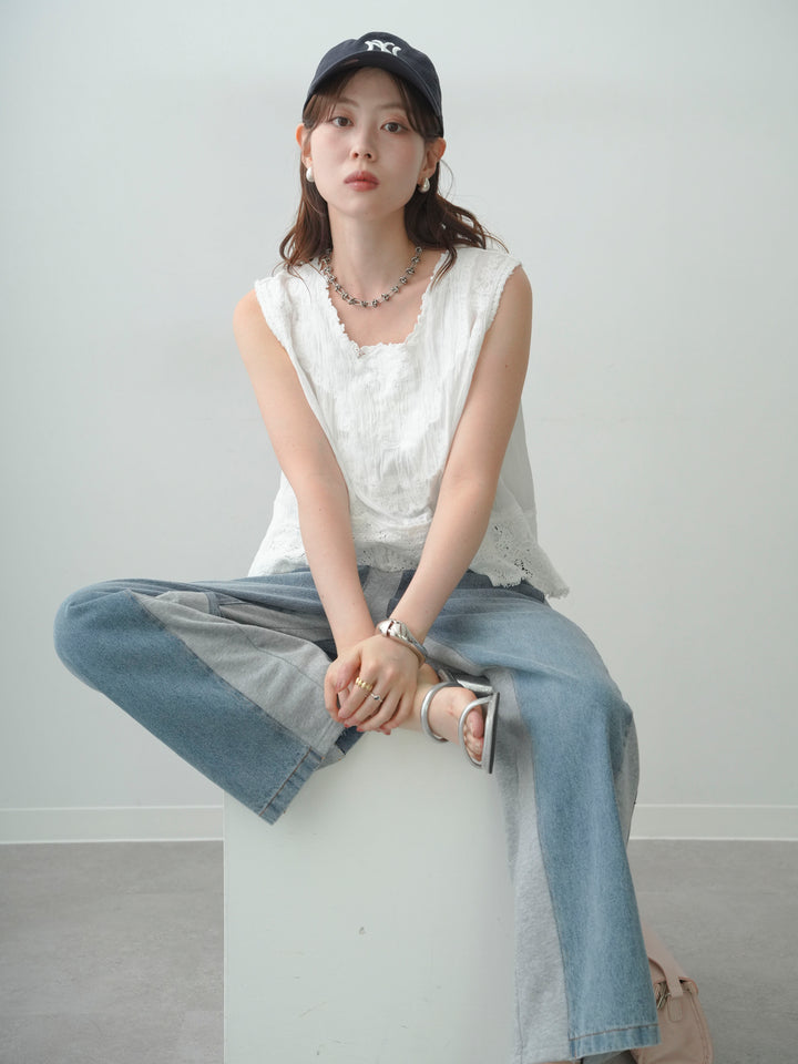 [SET]アンティークレースノースリトップス+デニム切替スウェットパンツ(2set)