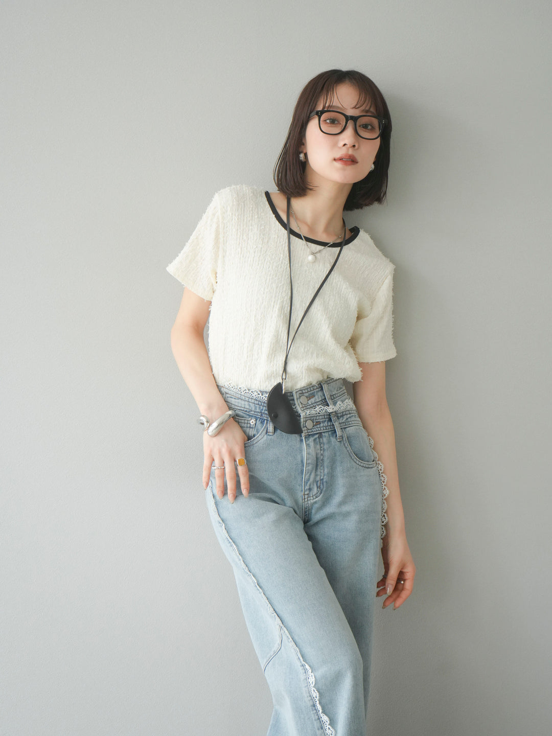 【預訂】顏色協調的滾邊蓬鬆剪裁上衣/象牙白