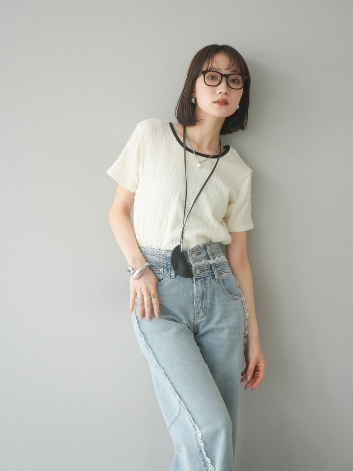 【預訂】顏色協調的滾邊蓬鬆剪裁上衣/象牙白