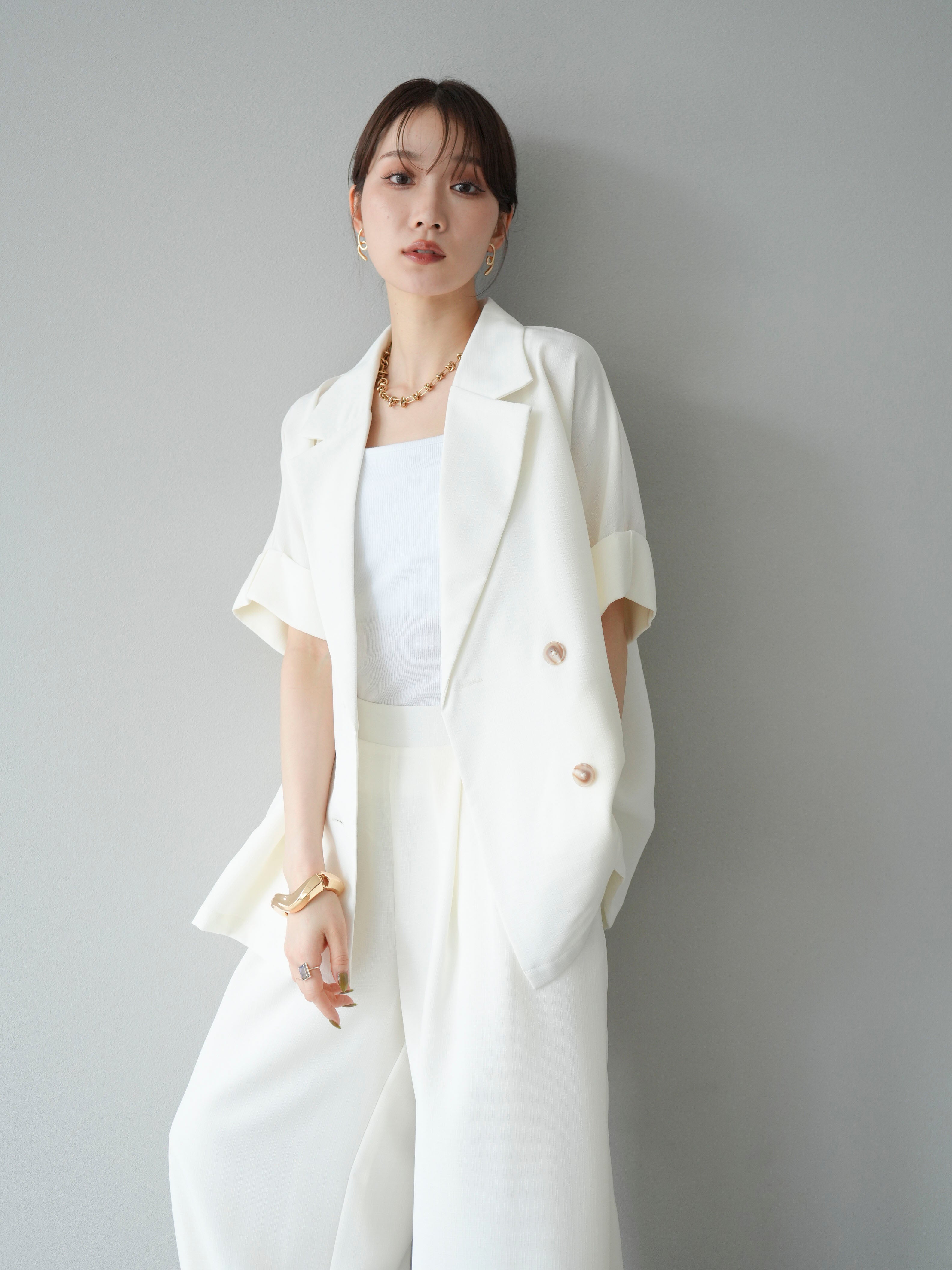 SET]リネンライクハーフテーラードジャケット+リネンライクイージー