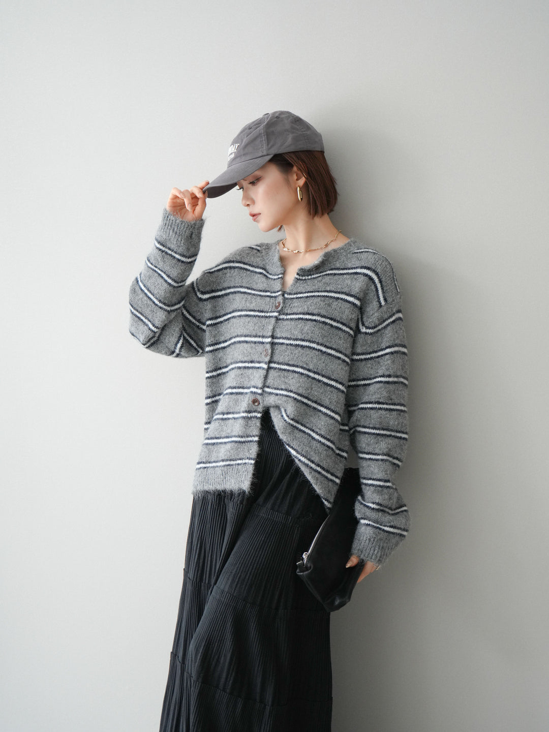 [予約]ボーダーシャギーニットカーディガン/gray