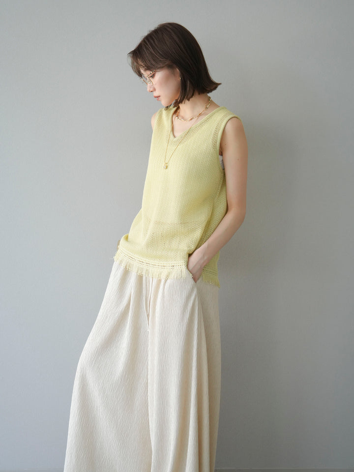 [予約]裾フリンジVネックニットタンクトップアンサンブル/イエロー