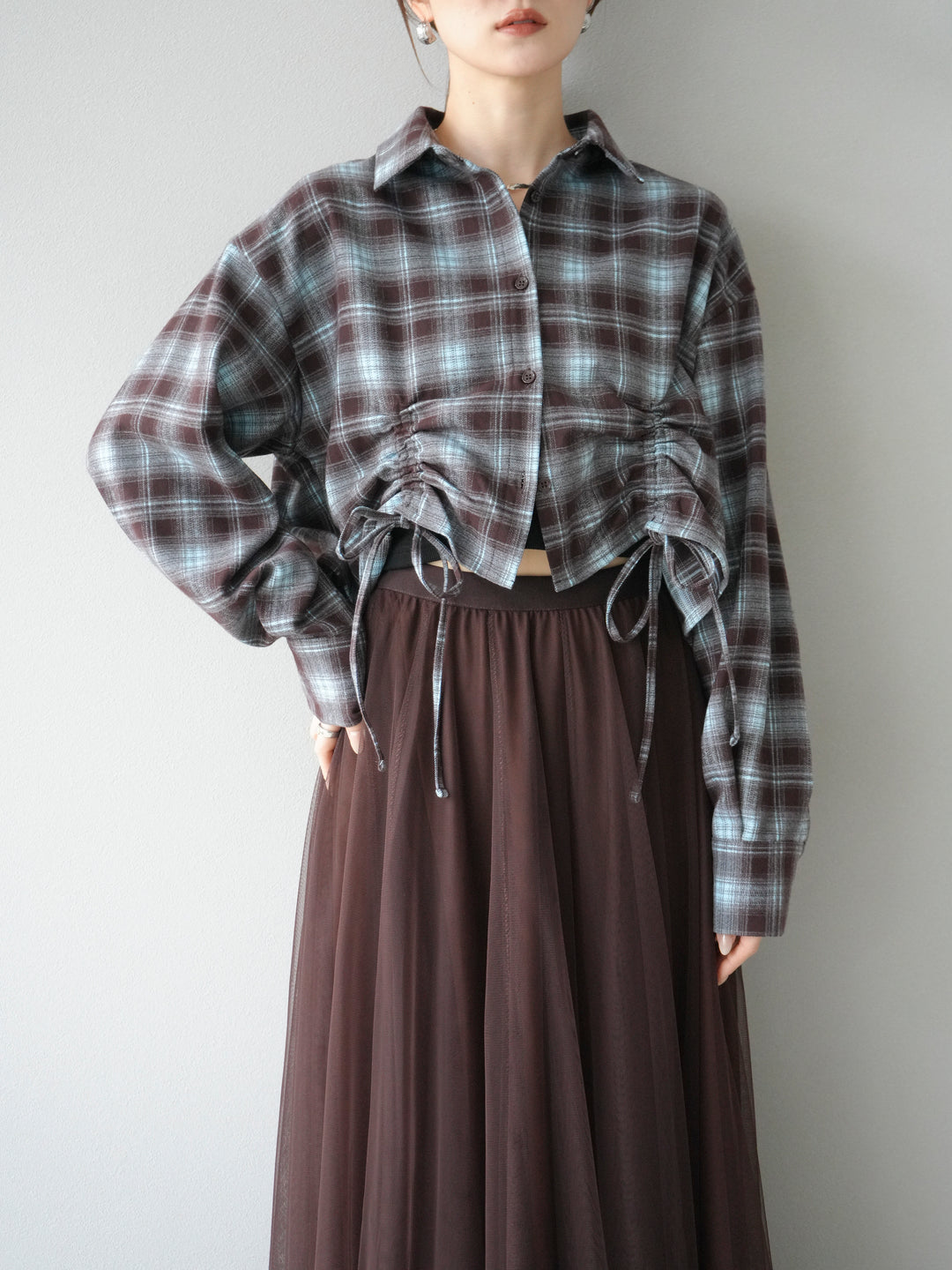 [予約]ドロストクロップネルチェックドシャツ/ブルー