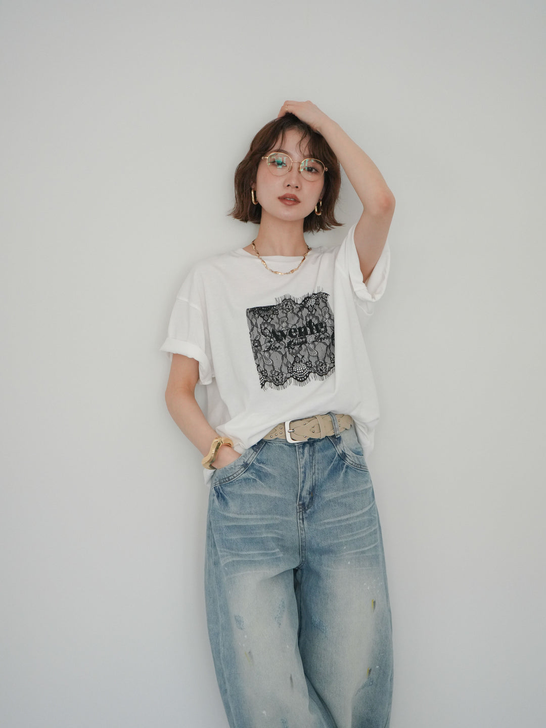 [予約]レースコラージュロゴTシャツ/off