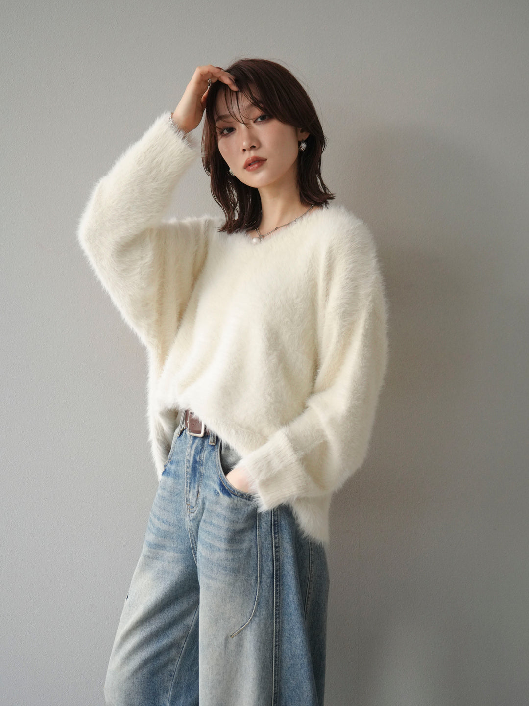 [予約]バックリボンVネックシャギーニットプルオーバー/ivory