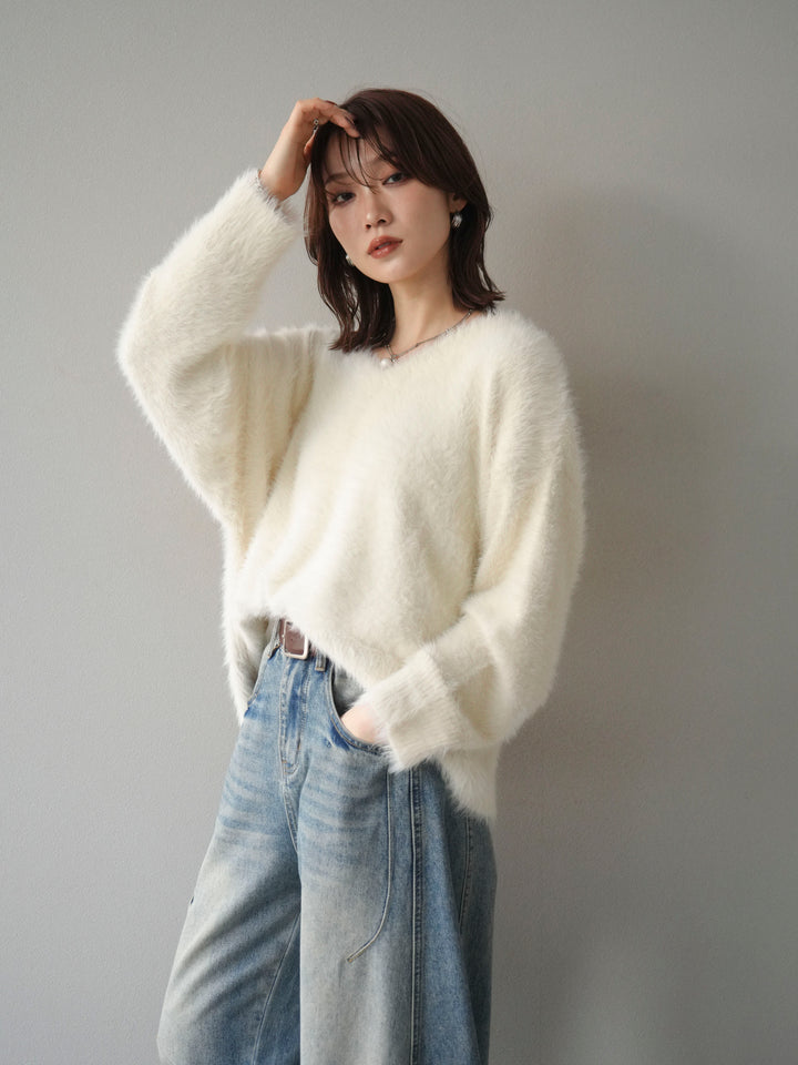 [予約]バックリボンVネックシャギーニットプルオーバー/ivory