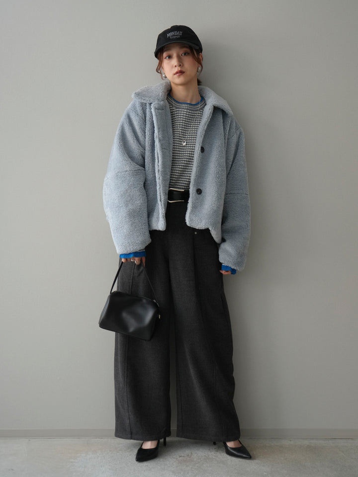 [SET]エコファーステンカラージャケット+ラメ異素材ボーダーリブニットプルオーバー(2set)